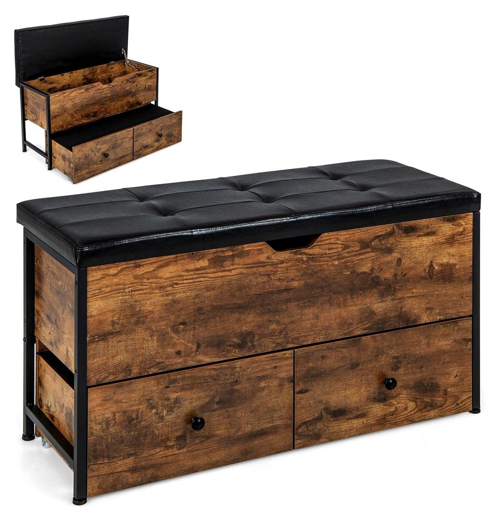 Sitzbank mit gepolsterter Sitzfläche, 2 Schubladen, Schutzhüllen, verstellbaren Fußstützen und Rollen, aufklappbares Schuhregal mit Stauraum, b...