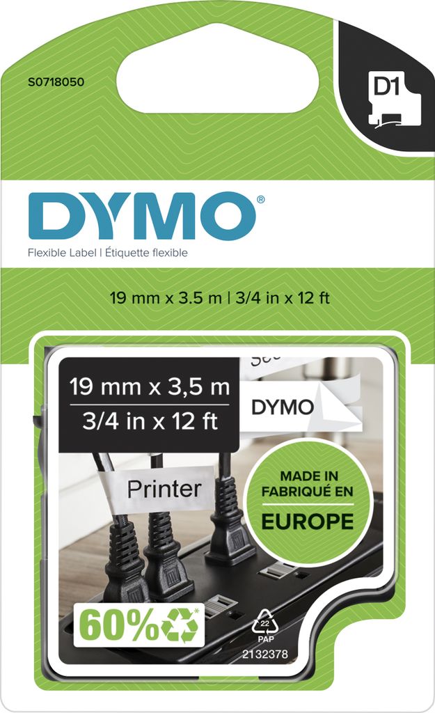 DYMO Original D1 Hochleistungs-Etikettenband | schwarz auf weiß |19 mm x 3,5 m | permanent haftendes Nylon- Schriftband | für LabelManager-Beschr...