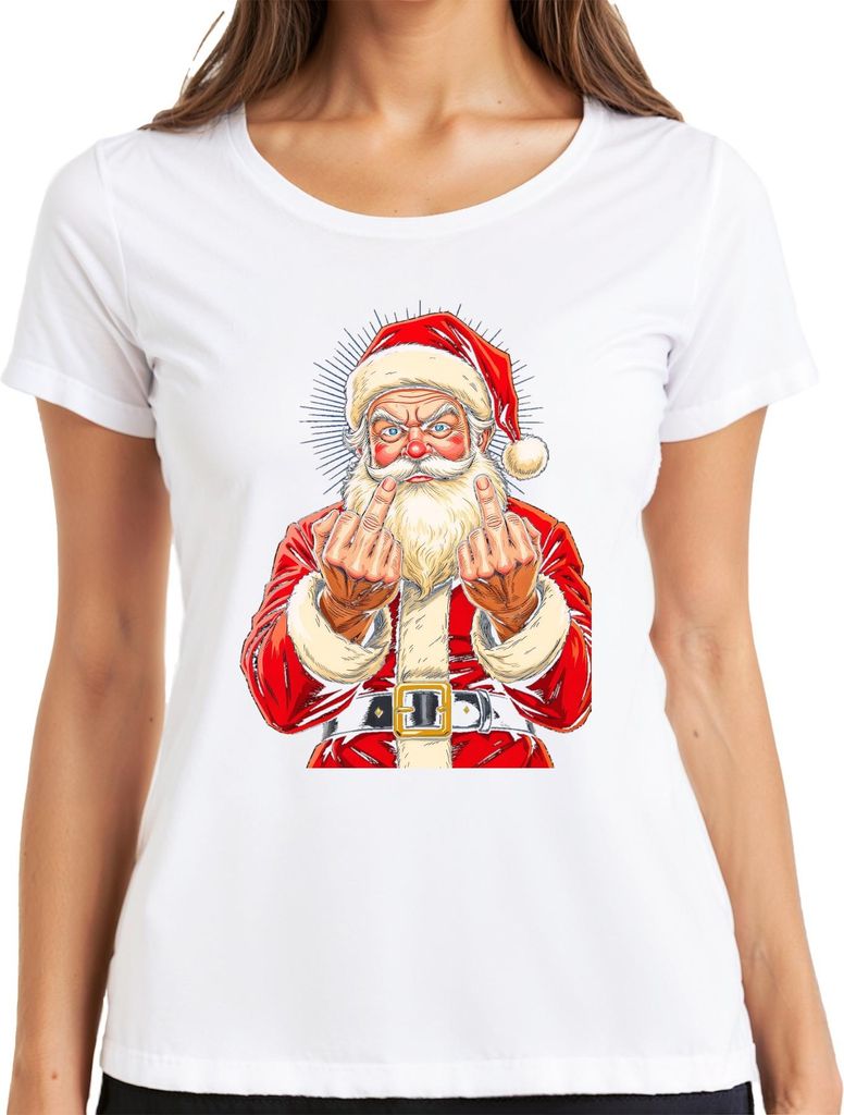Frecher Weihnachtsmann Mittelfinger Sarkastisch Lustig Geschenk Damen T-Shirt, Weiß, M