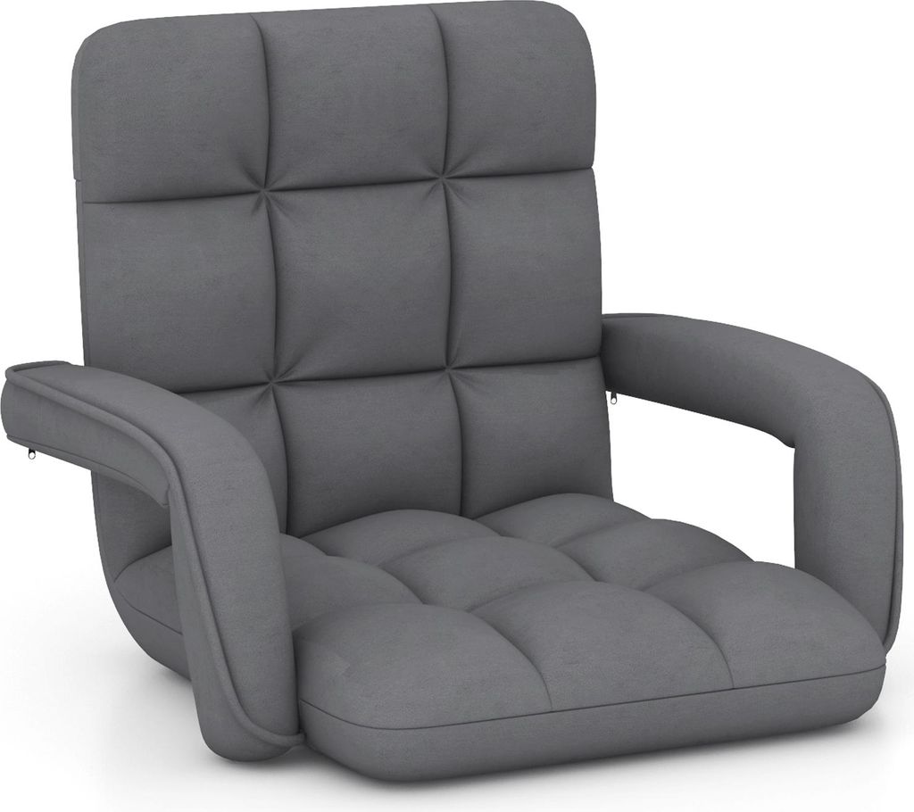 GOPLUS Bodenstuhl, gepolstertes Bodensofa mit Armlehnen & 6-Fach Verstellbarer Rückenlehne, Bodensessel mit Metallrahmen, Grau