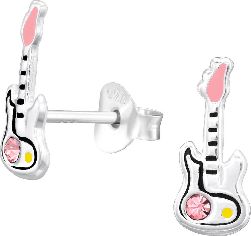 Kinder Ohrringe 925 Sterling Silber Ohrstecker E-Gitarre mit pinkem Kristall
