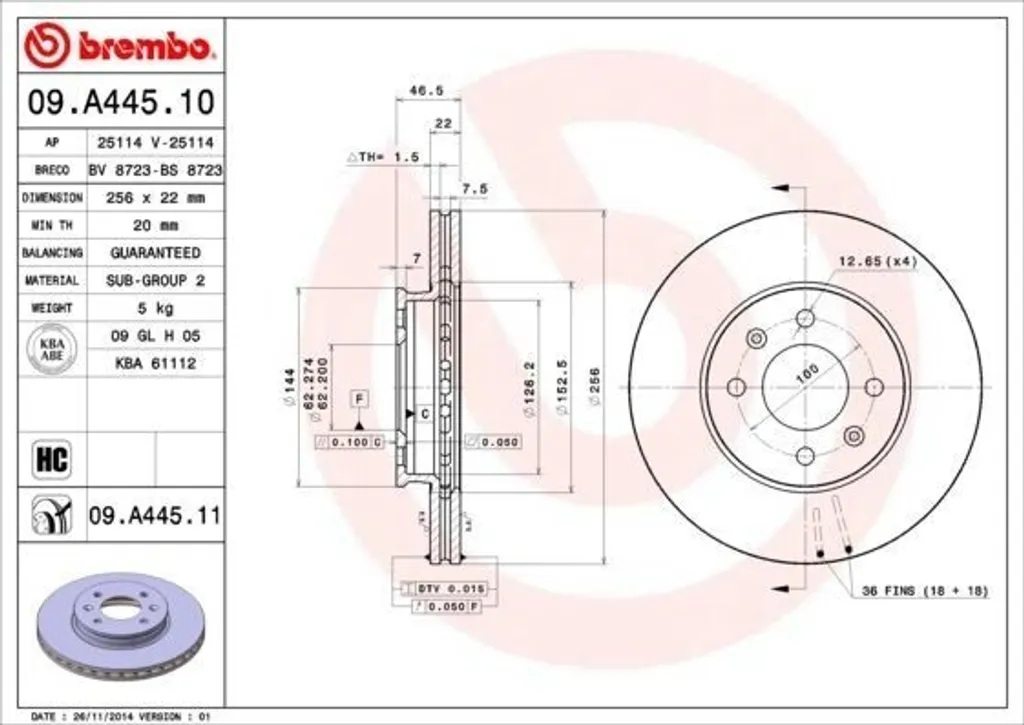 Disque de frein Brembo 09.A445.10 pour entretien Hyundai et Kia - Qualité