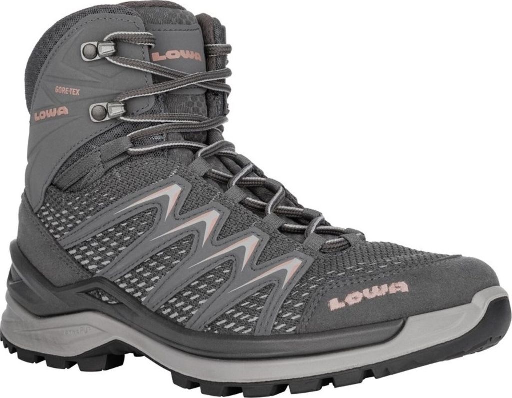 A single grey hiking boot is shown against a white background.