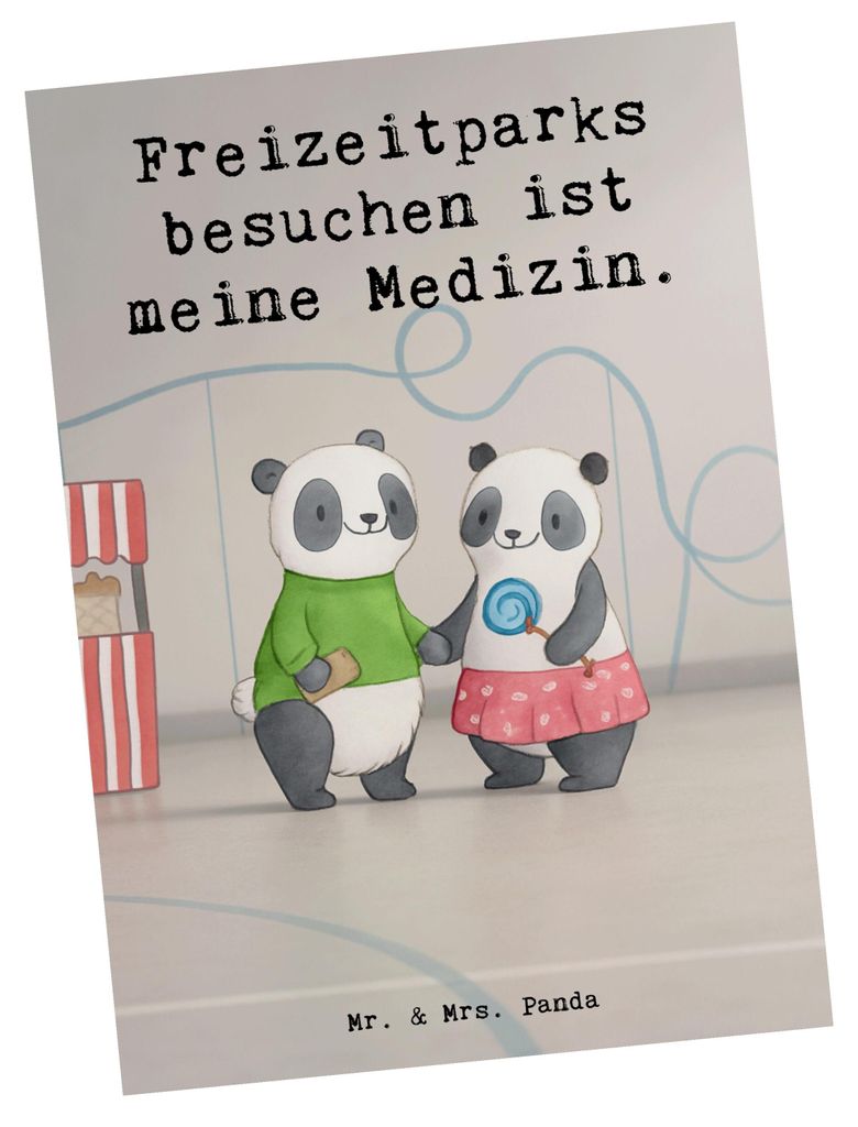 Mr. & Mrs. Panda Postkarte Pandas Freizeitpark besuchen Design - Weiß - Geschenk, Postkarten, Ansichtskarten, bildkarte, Fotokarte, Achterbahn fah...
