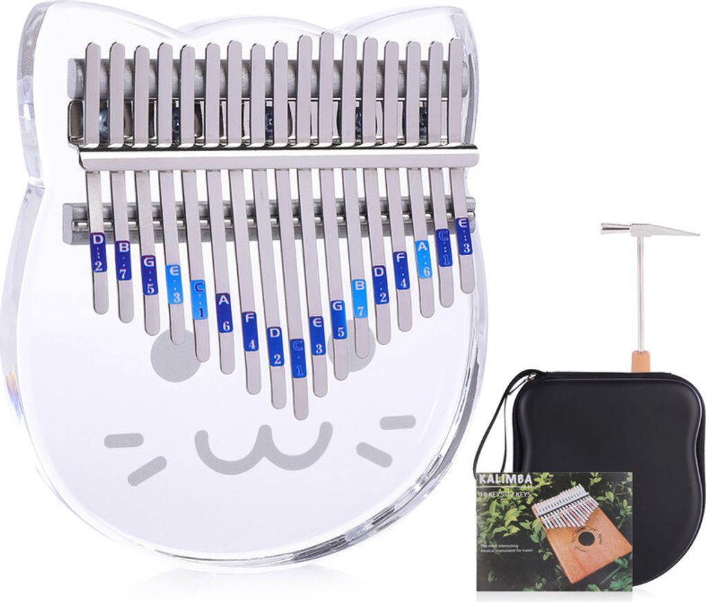 Kalimba 17 Tasten, klarer Acryl-Daumenklaviernoten geschnitztes Heim-Fingerklavier mit Kalimba Etui Stimmhammer Studienheft-Aufkleber - Design des ...