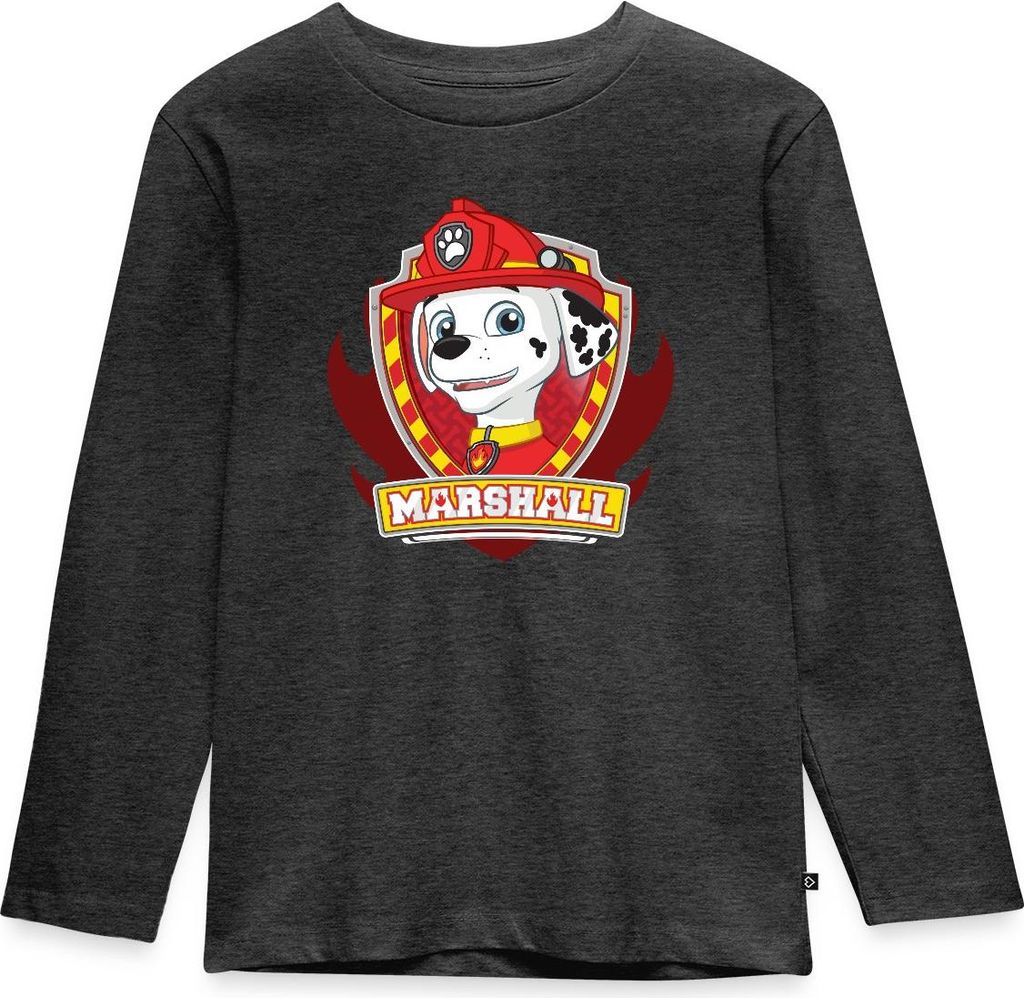 Spreadshirt Paw Patrol Marshall Feuerwehrhund Feuerwehr Emblem Kinder Premium Langarmshirt, 134/140 (8 Jahre), Anthrazit meliert