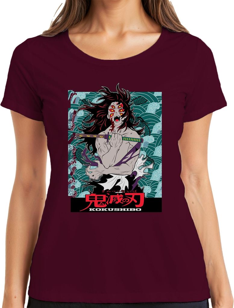 Kokushibo Dämon Schwert sechs Augen Anime Geschenk Halloween Damen T-Shirt, Burgundy, L