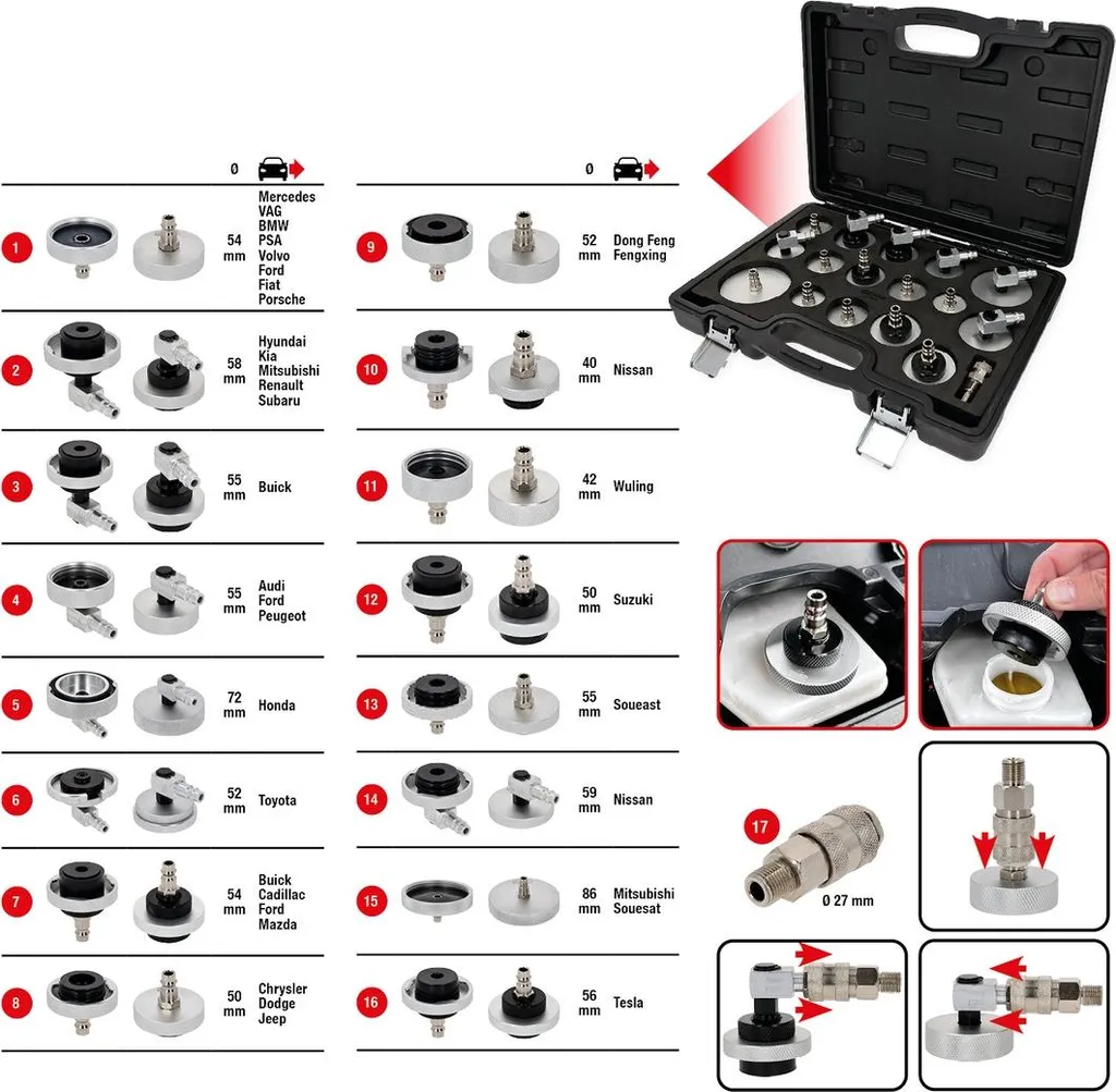 Kit adaptateur universel de purge de frein pour voitures, set 17 outils