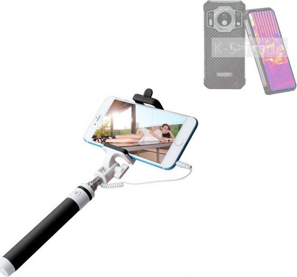 K-S-Trade Selfie Stick kompatibel mit Oukitel WP21 Ultra Selfiestick kabelgebunden Monopod mit Kabel Stab Stange Selfportrait Handheldstick schwarz