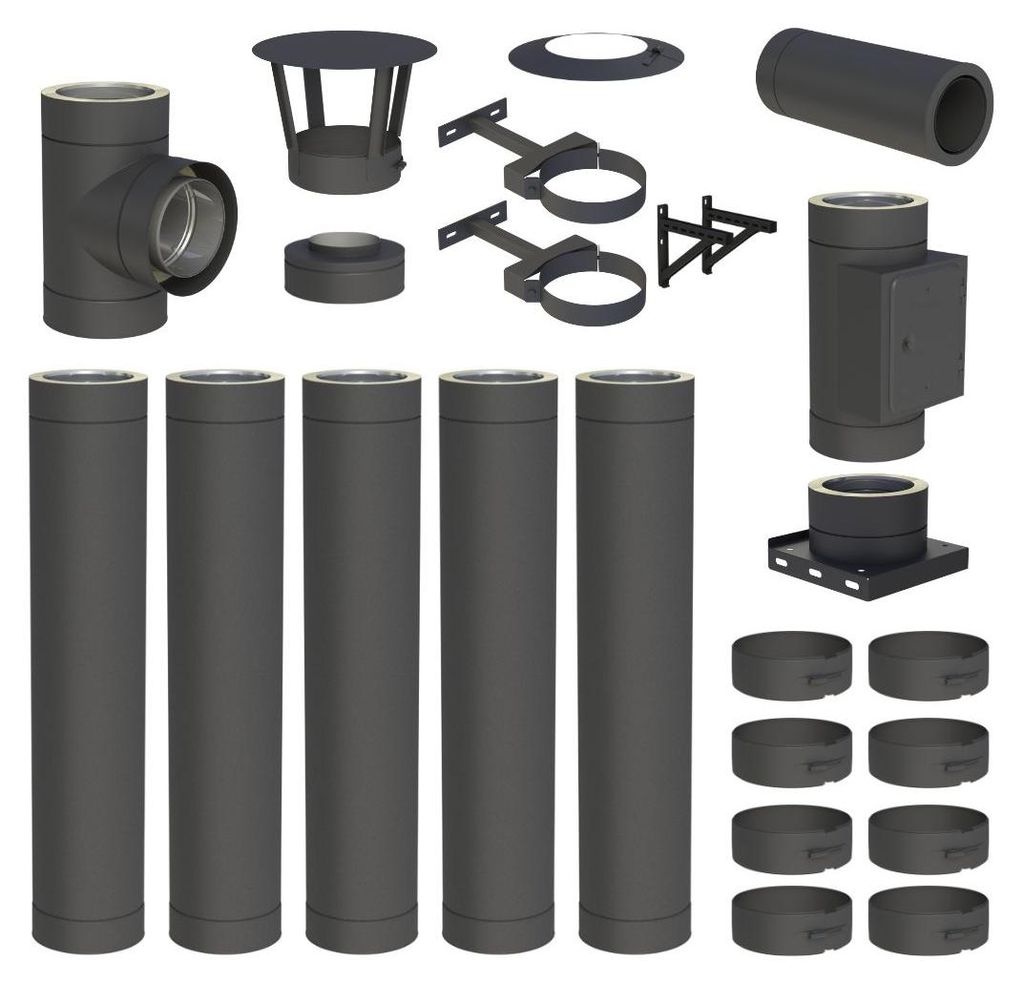 5,7 m Edelstahlschornstein Ø 130 mm Komplettset doppelwandig DW-Black Wandmontage