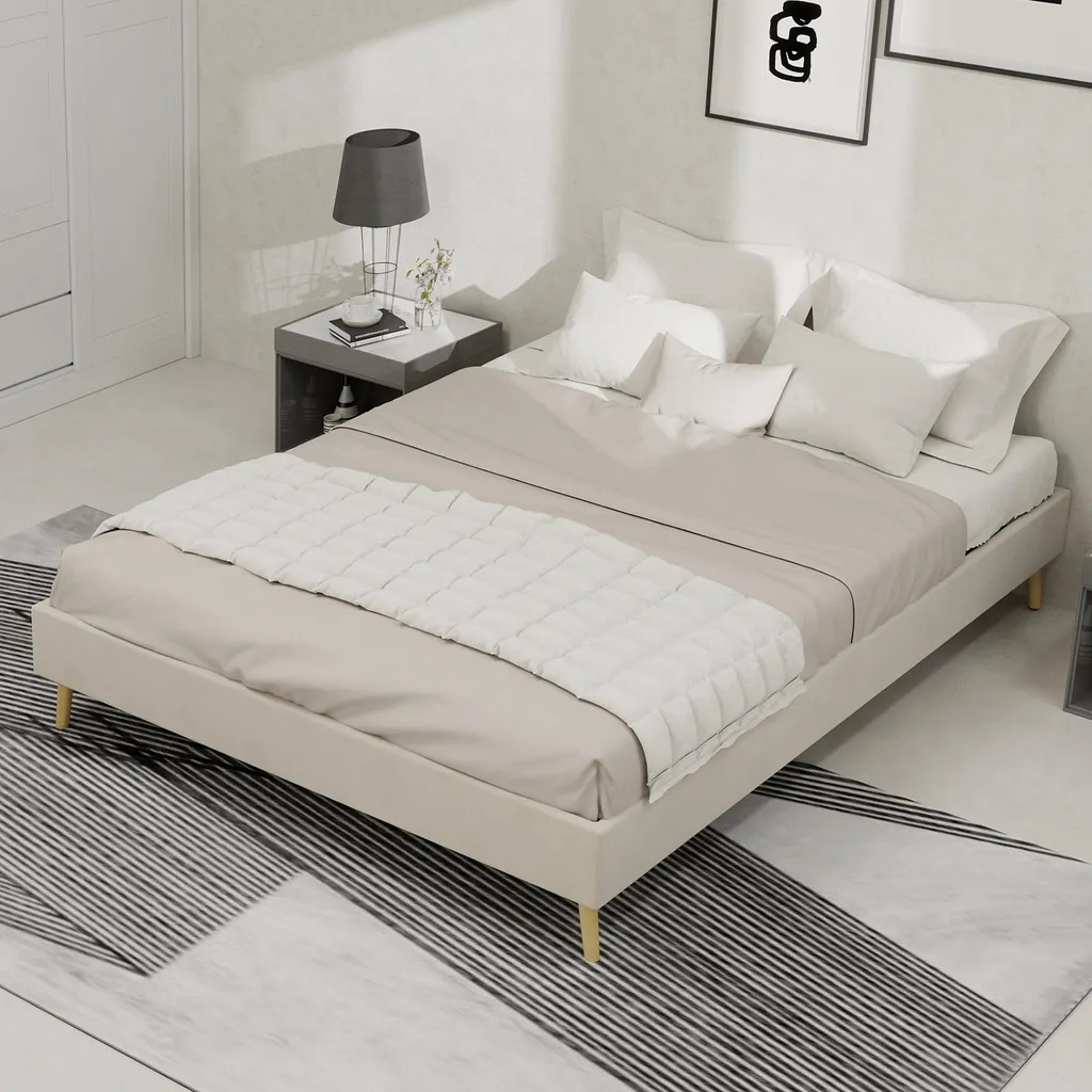 Lit 140x200 compact beige en velours pour optimiser petite chambre