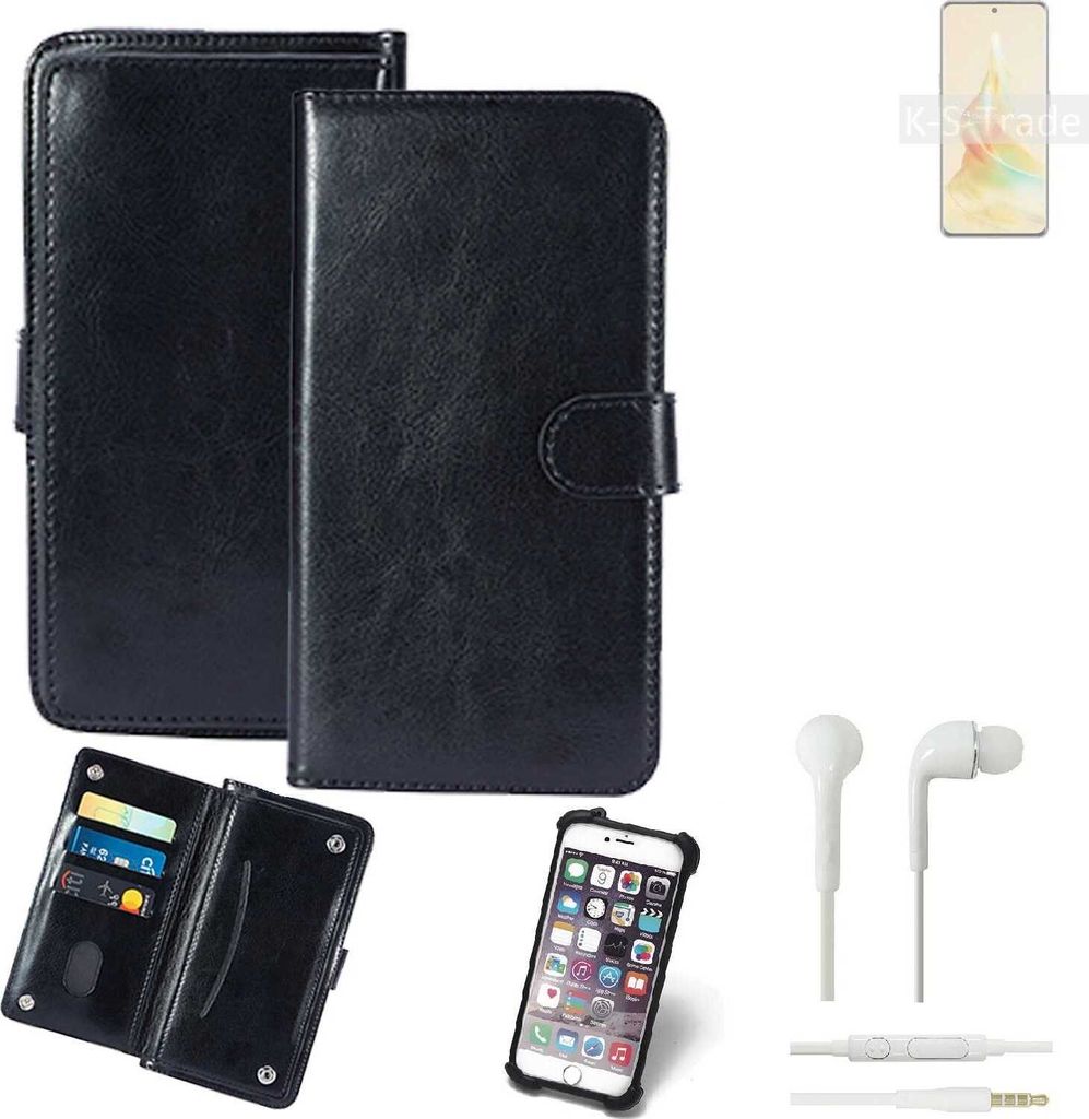 K-S-Trade 360° Hülle kompatibel mit Oppo Reno8 T 5G inkl. Headphones schwarz Kunstleder Case BookCase WalletCase Kunstlederederhülle Handyhülle,