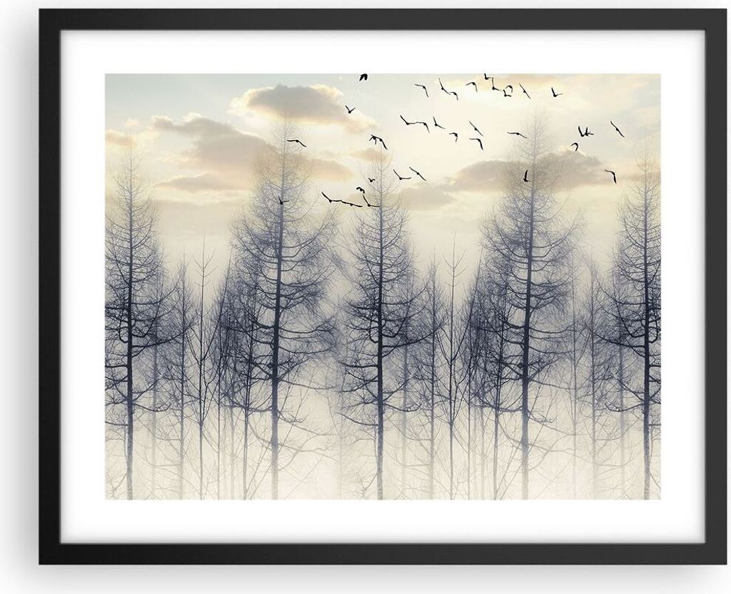 Gerahmtes Poster - Schwarzer Rahmen - Bäume Vögel Himmel - 50x40 cm - Wand Bild - Wanddeko - Wandbilder - Kunstposter - Wandposter - Bilderrahmen...