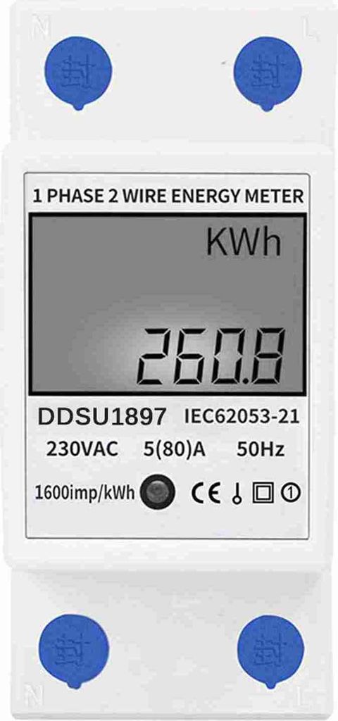 A digital energy meter is shown against a white background.