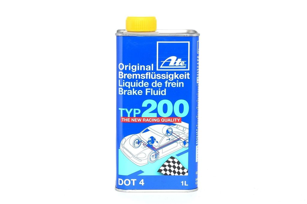 A can of ATE brake fluid with a yellow cap, set against a white background.