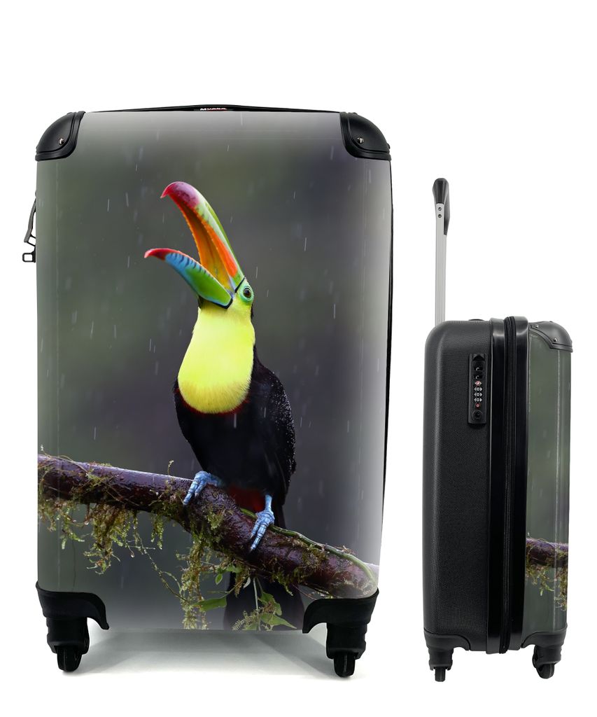 MuchoWow Koffer Handgepäck Trolley Rollkoffer Kleine Reisekoffer mit 4 Rollen - Tukan im Regen - Cabin Size < 55x40x23 cm & 55x40x20 cm - Fotoko...
