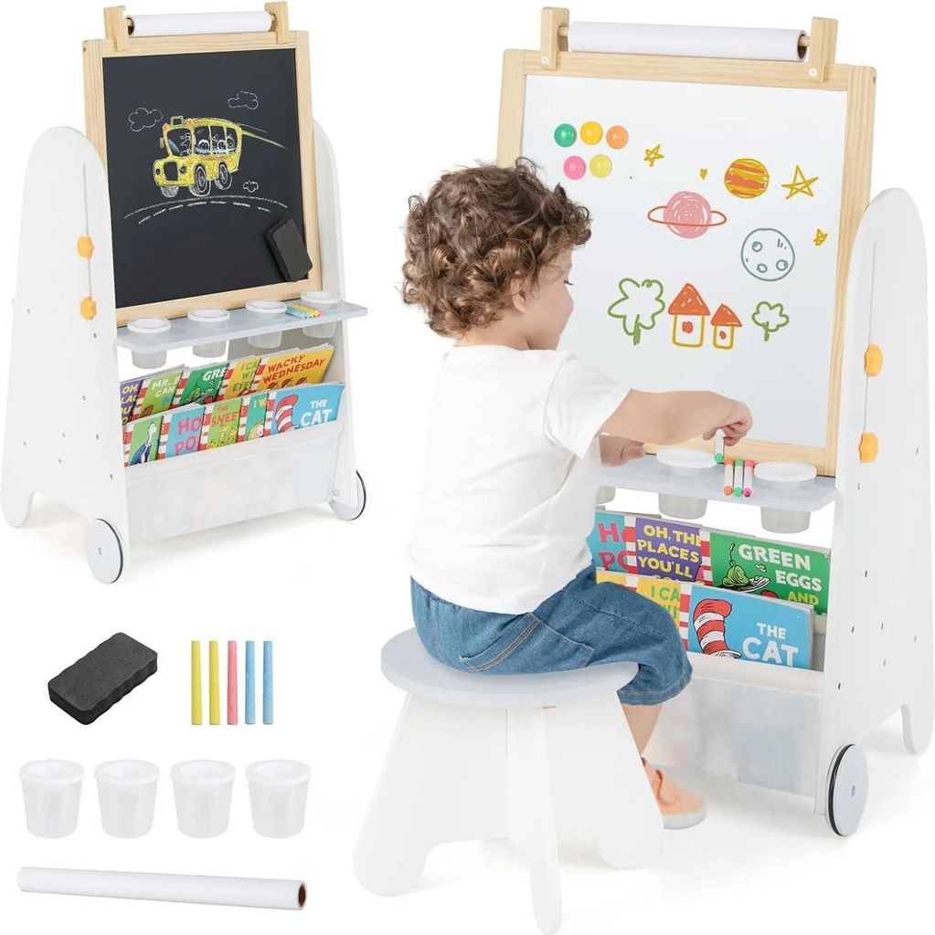 Kinderstaffelei mit Hocker - 4‐in‐1 Maltafel - Magnettafel - Papierrolle - Zubehör - Kunststoff - 3–6 Jahre - Ohne Farben - Grau