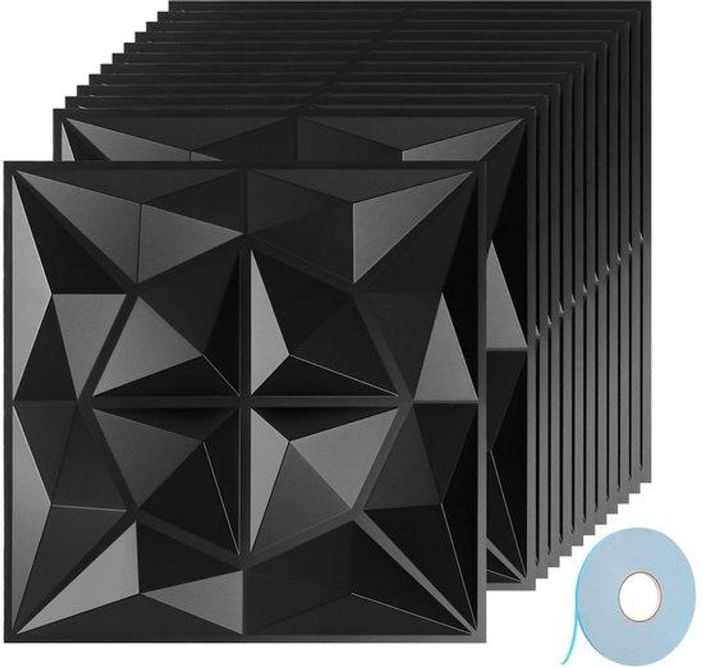 3D Wandpanelen PVC 12 Stück 30 x 30 cm, Met Plakband, Stevige Wanddecoratie, Nicht Verformbar, Wasserfest, Hitzebeständig, Matt Schwarz