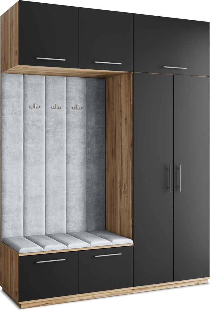 Masseno Garderobe-Set REMA 180/240/60 cm Modern Garderobenschrank Eiche Wotan, Veloursstoff MONOLITH 84 (Hellgrau)
