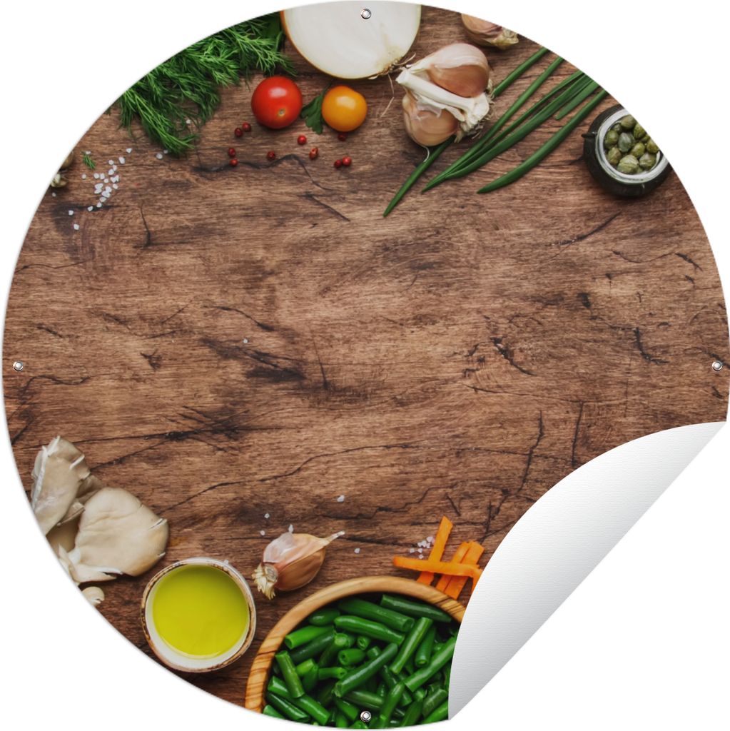 MuchoWow Gartenposter Outdoor-Poster Rund Kräuter - Gemüse - Rustikal Ø 150 cm Gartendeko Rundes Poster draußen