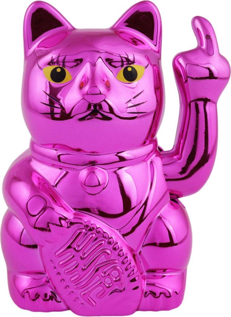 Glückskatze Angry Cat Maneki-neko Stinkefinger Mittelfinger metallic pink Solar 10cm Winkekatze Lucky cat