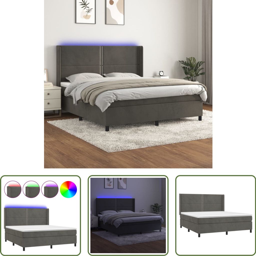 The Living Store Boxspringbett mit Matratze & LED Dunkelgrau 180x200 cm Samt