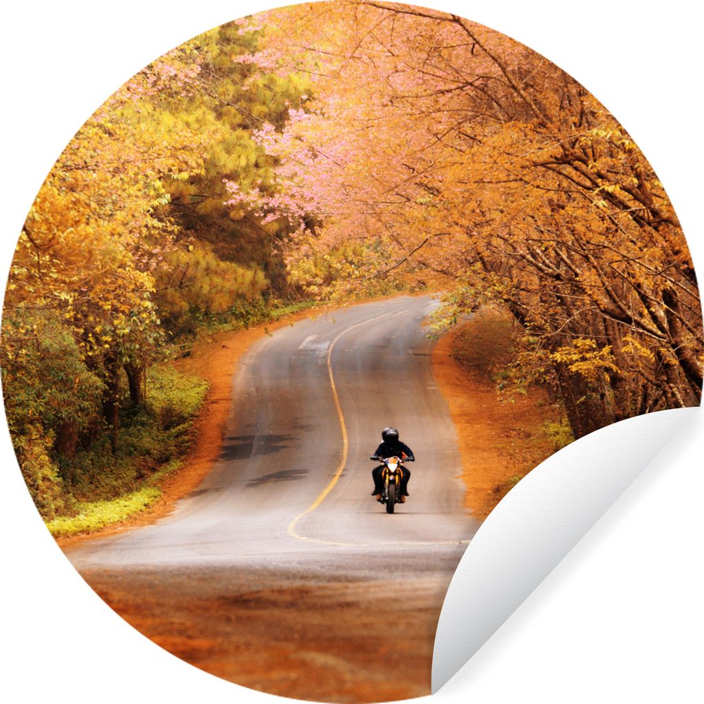 MuchoWow Runde Wandtattoo - Wandsticker Tapete Aufkleber Motorrad - Straße - Herbst Ø 100 cm Selbstklebend und Repositionierbar - Wandaufkleber...