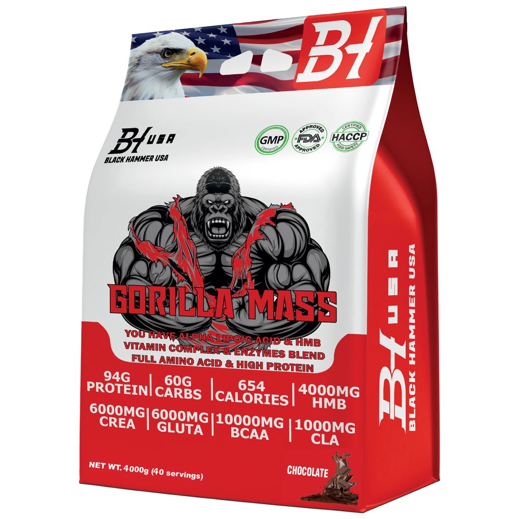 GORILLA Mass Gainer 4kg Schokolade – Gainer mit Creatin & BCAA für Muskelaufbau & Kraft | Black Hammer USA