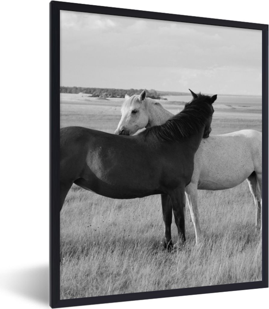 MuchoWow Gerahmtes Poster Pferde - Tiere - Porträt - Schwarz-Weiß - Landleben 30x40 cm - Poster mit Schwarzem Bilderrahmen Wandposter Rahmen Fo...