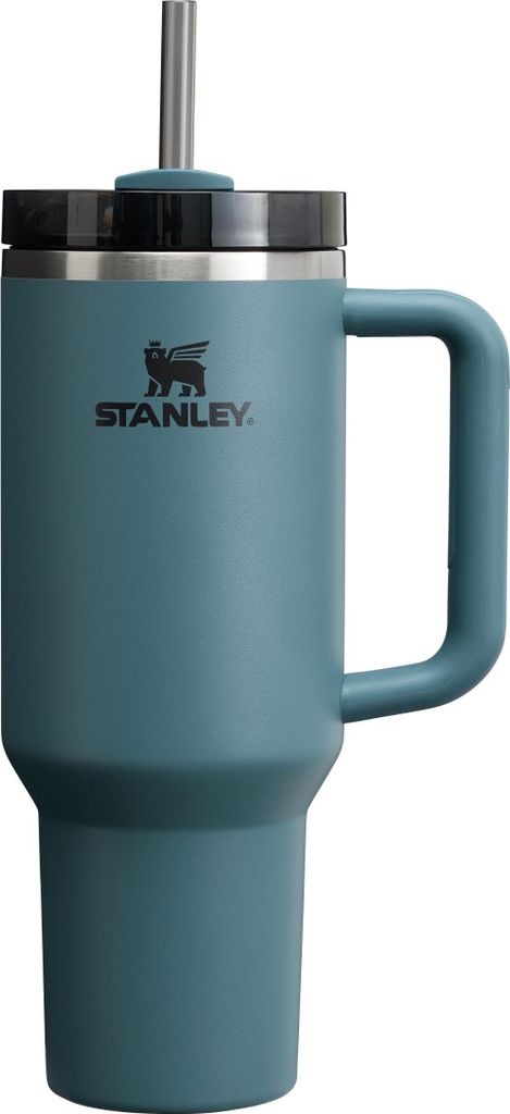 A teal Stanley Quencher H2.0 Flowstate tumbler with a straw and handle, isolated on a white background.