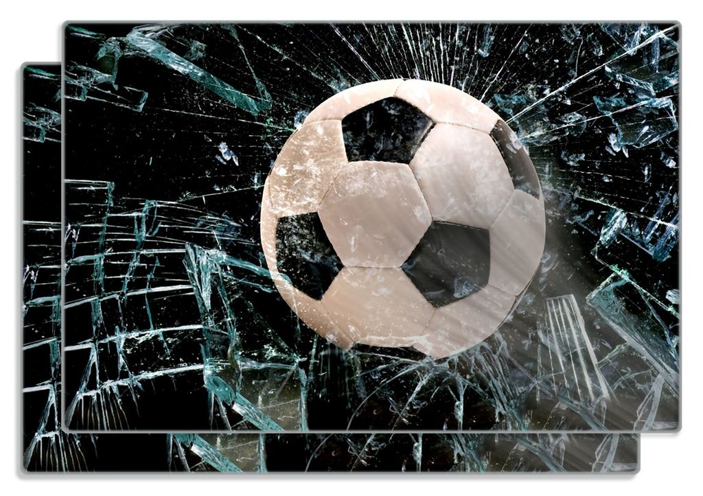 Wallario Frühstücksbrettchen 2er Set aus Glas, je 20 x 30 cm, mit rutschfesten Füßen, Motiv Fußball - im Fenster, Splitter und Glas