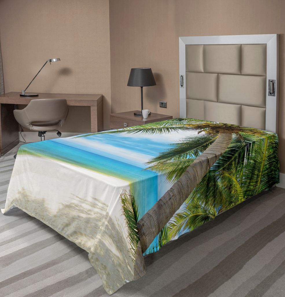 ABAKUHAUS Ozean Bettlaken, Schattenschatten einer Kokosnuss Palme auf weißem Sandy Küsten Bild, weiches bequemes oberes Bettlaken für ein dekora...