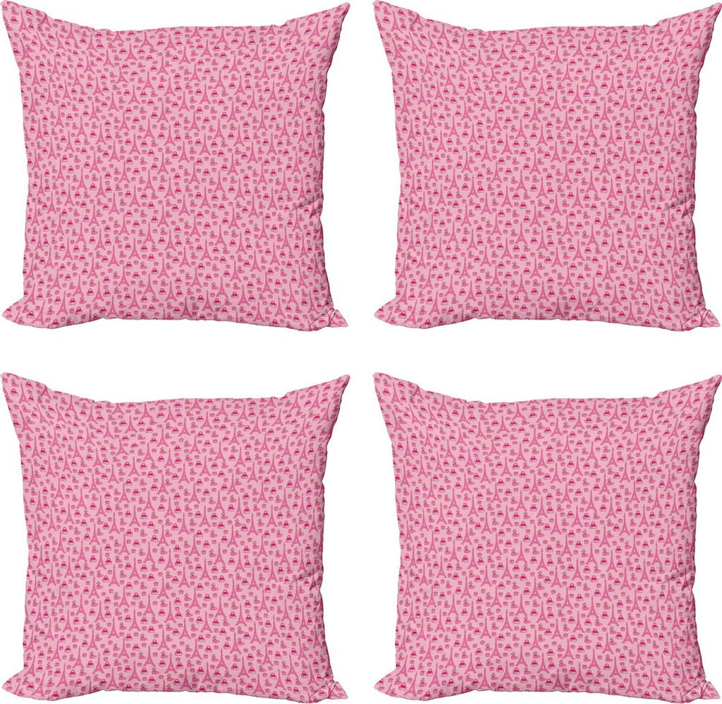 ABAKUHAUS Eiffelturm Kissenbezug Set (4 Stück), Handtasche Kuchen-Kaffee, Moderner Doppelseitiger Digitaldruck, 45 cm x 45 cm, Pink Pink