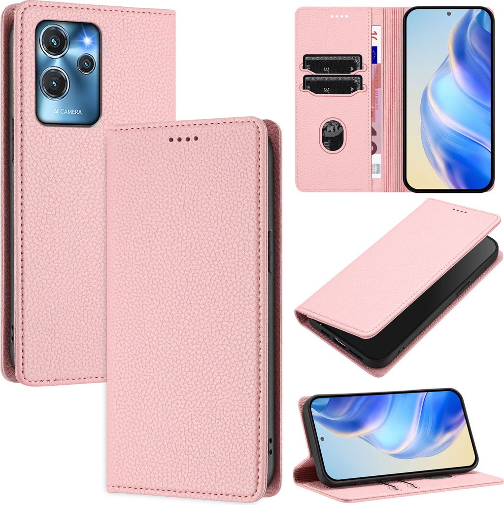 Litchi Leder Handyhülle für Oukitel C32 Wallet Kartenfächer Standfunktion Hülle Pink