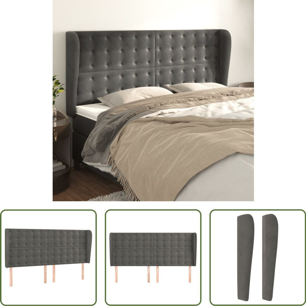 The Living Store Kopfteil mit Ohren Dunkelgrau 203x23x118/128 cm Samt