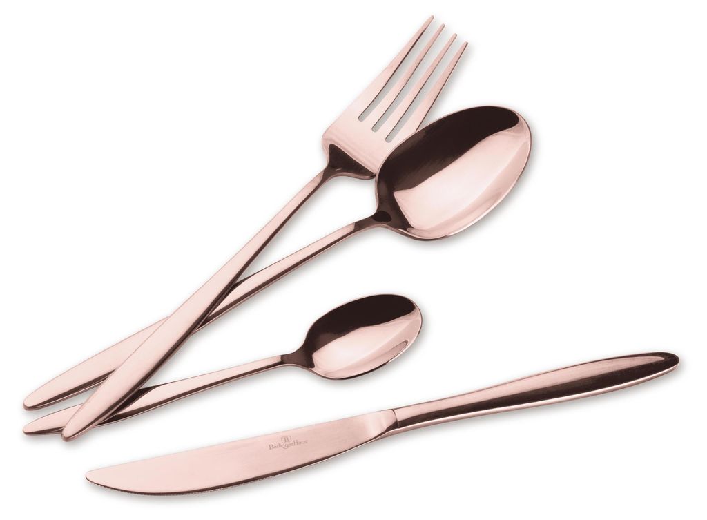 A set of rose gold cutlery, including a fork, a large spoon, a small spoon, and a knife, arranged on a white background.