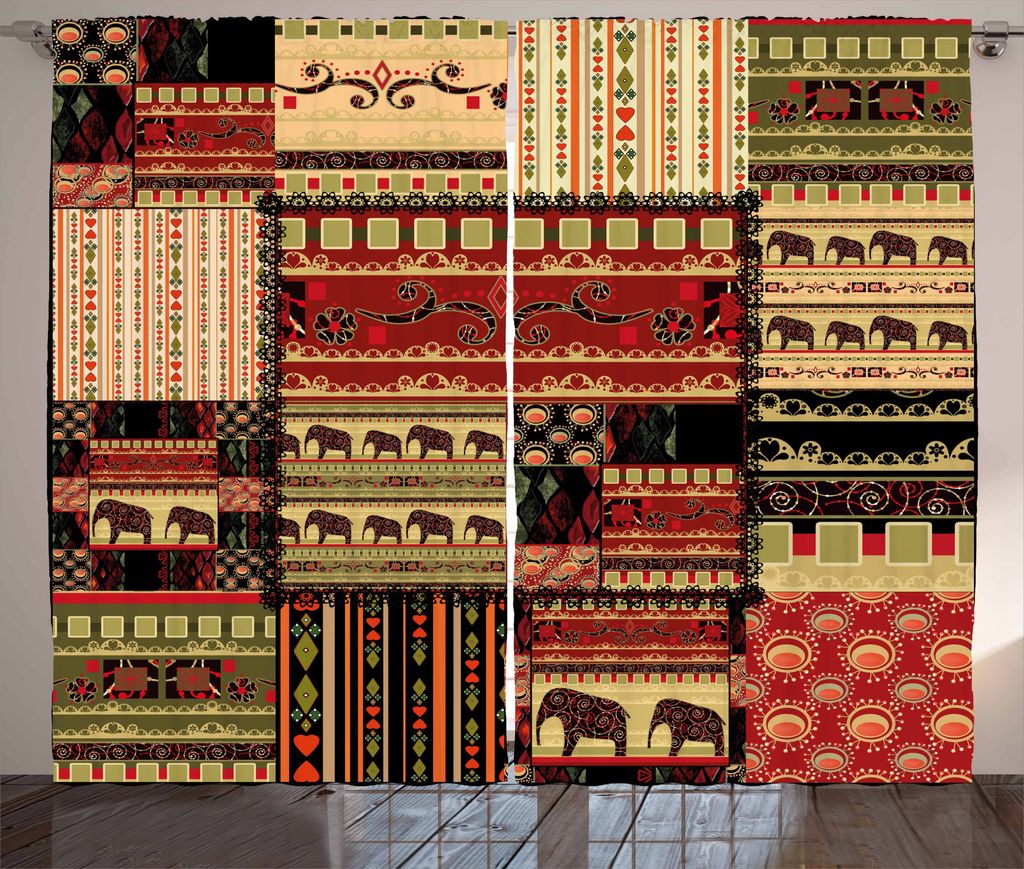 ABAKUHAUS afrikanisch Rustikaler Gardine, Patchwork Stil Asiatische, Schlafzimmer Kräuselband Vorhang mit Schlaufen und Haken, 280 x 175 cm, Rot G...