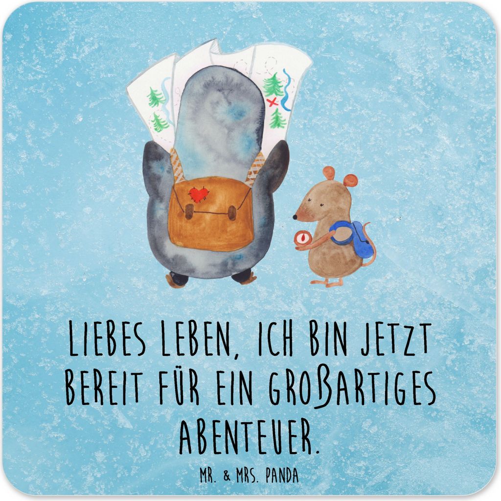Mr. & Mrs. Panda Untersetzer für Gläser Pinguin & Maus Wanderer 10er Set - Eisblau - Geschenk, coaster, Tischuntersetzer, Abenteuer, Wandern, Roa...