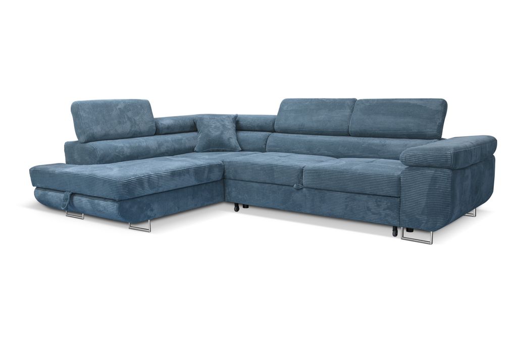 Ecksofa Aller L-form Schlafsofa in Blau Cord Eckcouch mit Schlaffunktion und Bettkasten, Links Ottomane