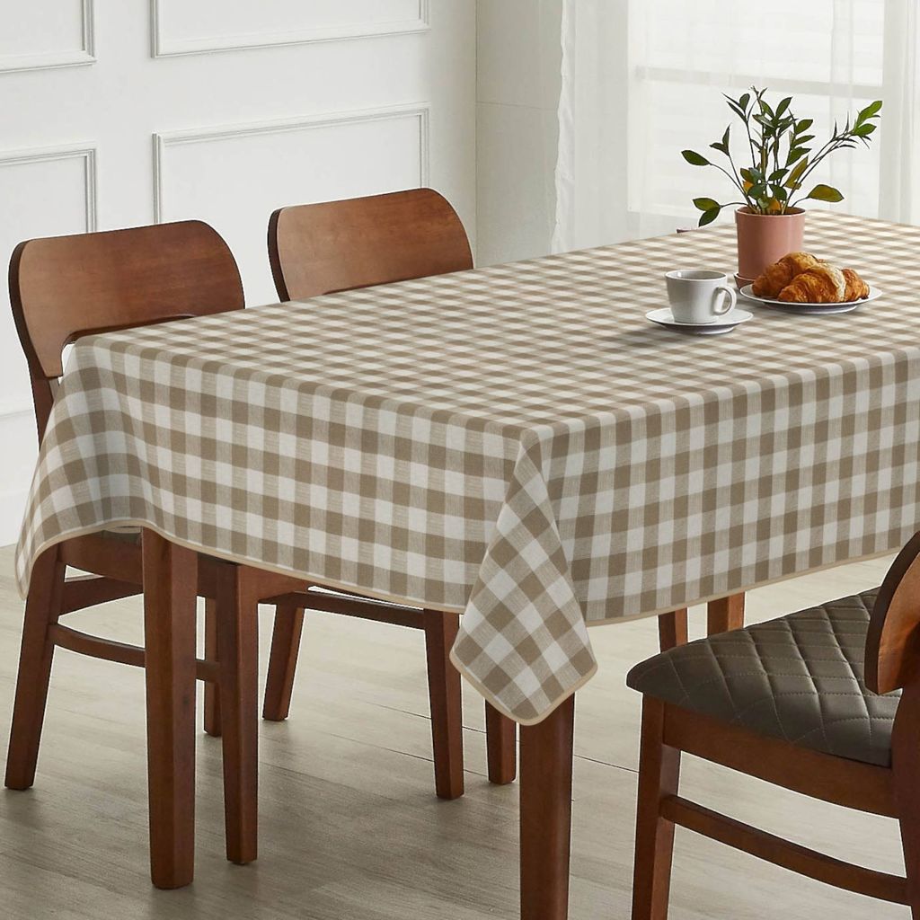 Tischdecke Karo Beige aus Stoff mit Digitalprint Tischtuch EasyClean ACRYL Beschichtet Tischwäsche Digitaldruck Beige 140x280cm mit Paspelband