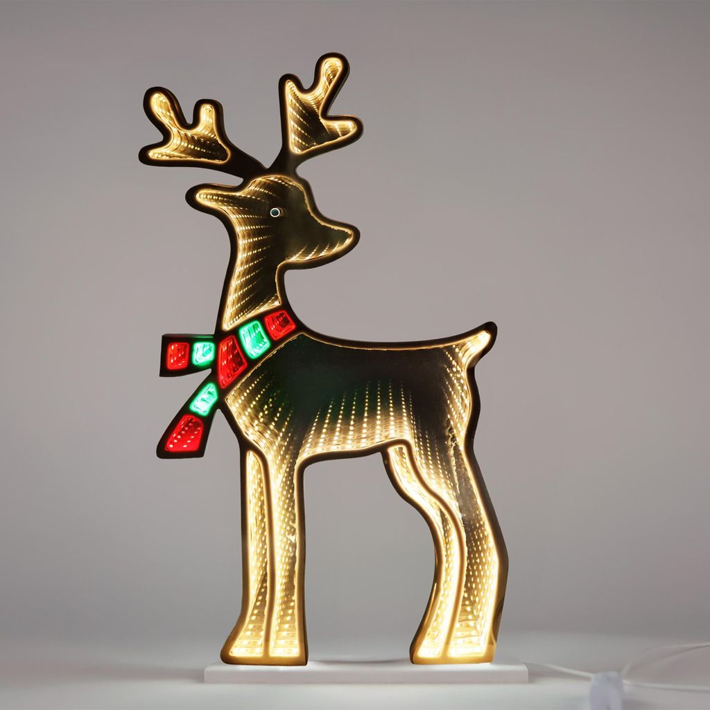 A lit-up reindeer decoration with a scarf.