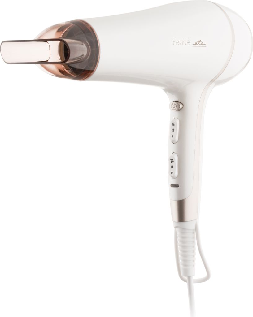 A white and rose gold hair dryer is shown against a white background.