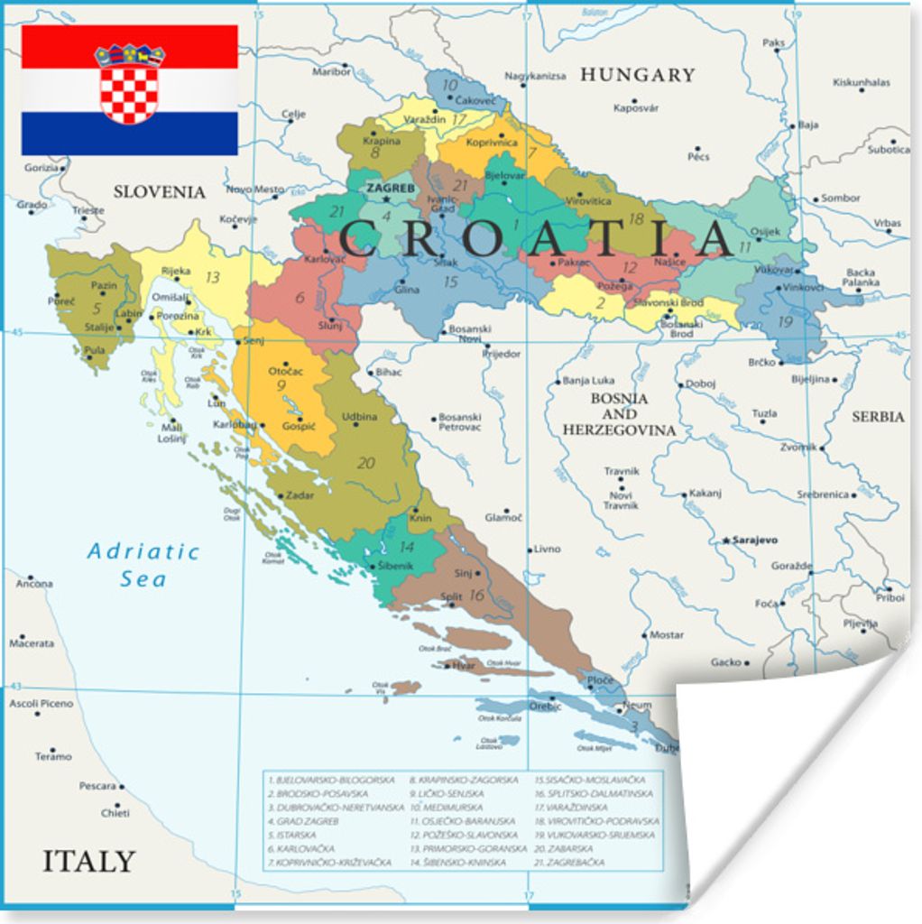 MuchoWow Poster Detaillierte Karte von Kroatien mit den Nachbarländern 75x75 cm - Wand Dekoration