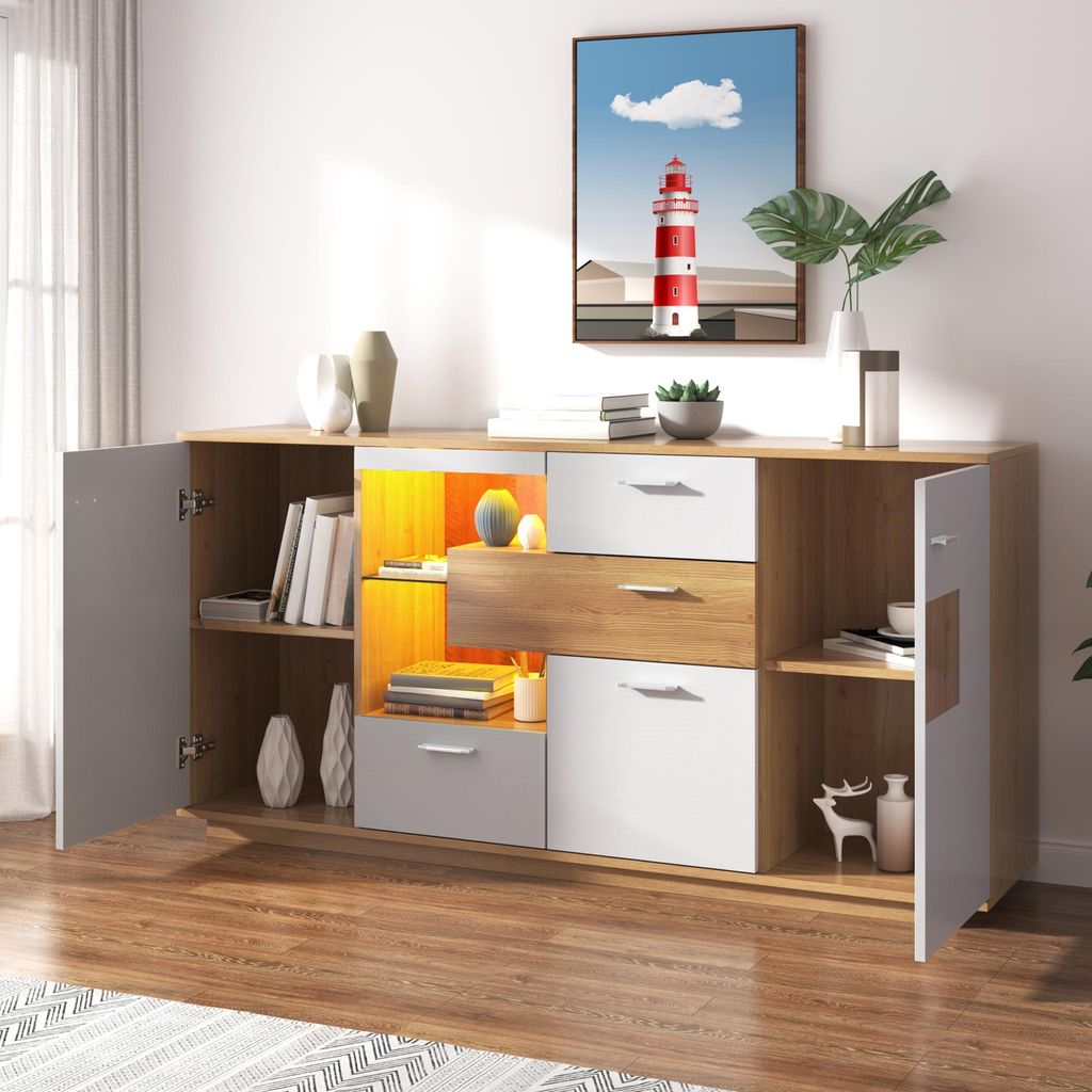 MODFU Sideboard -Schrank mit viel Stauraum, mit LED-Beleuchtung, (160 B x 40 T x 77 H(cm) Natur+Weiß), Wohnzimmermöbel, Mehrzweckschrank