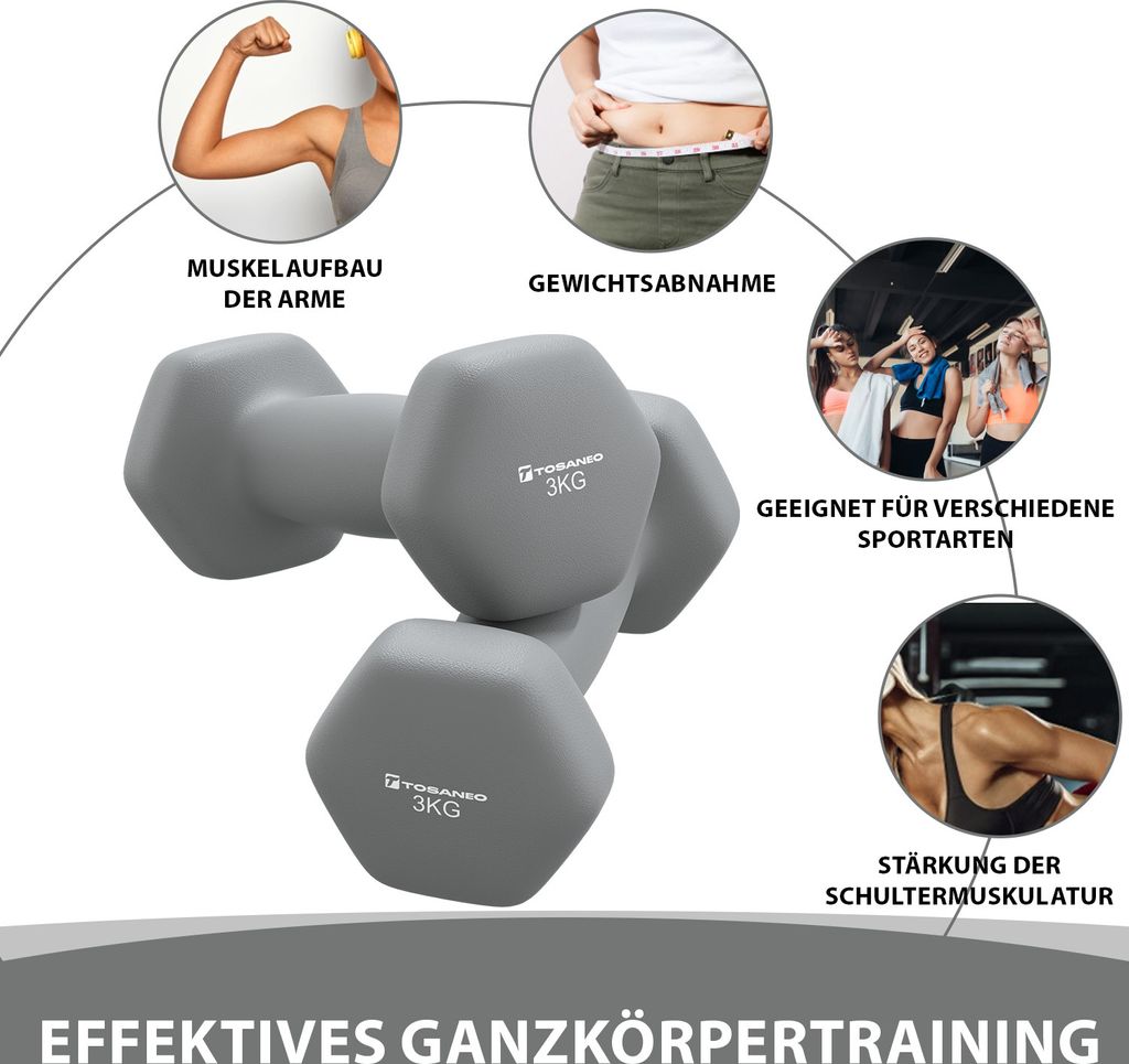 TOSANEO 2er Set Hanteln 2x 3,0kg Grau Neopren Kurzhanteln Produktbild 3