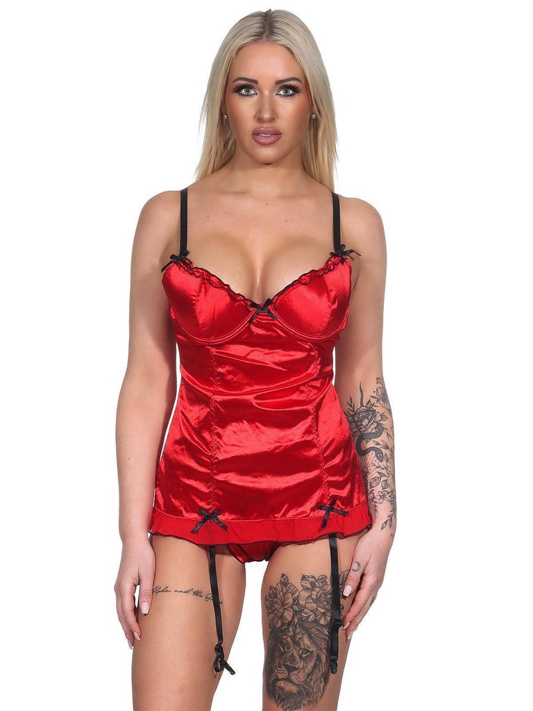 Damen kurzes Negligé mit Cups Nachtkleid Spitze mit String; Rot/38