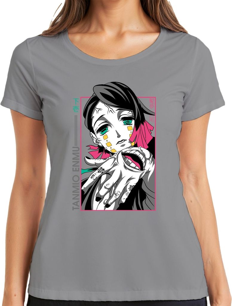 Enmu Dämon Anime Manga Horror Neon Cyberpunk Japan Y2K Streetwear Damen T-Shirt, Grau, XL