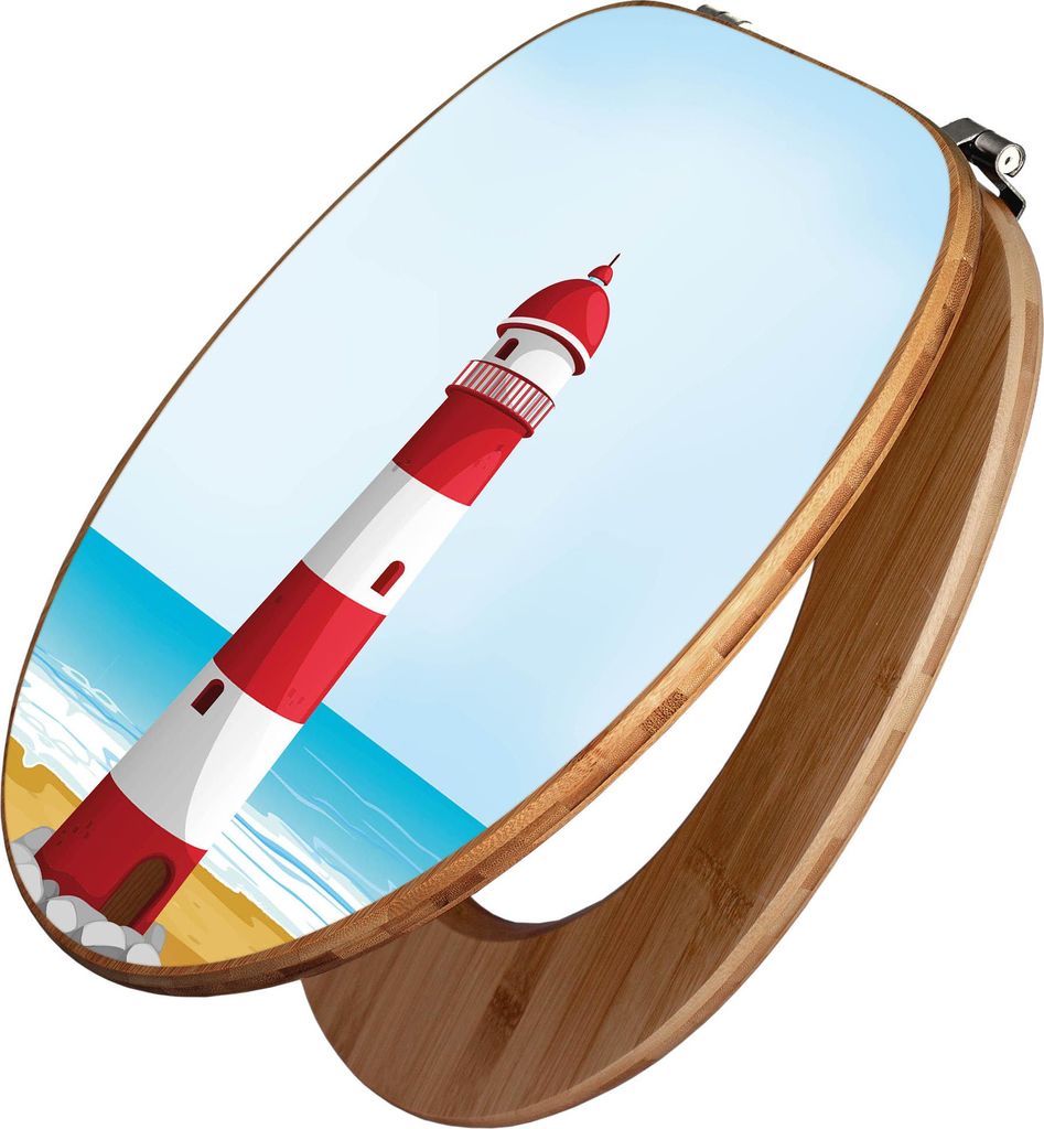 banjado Design WC Sitz Bambus 44x38x5cm - Leuchtturm Illustration - Toilettendeckel/Toilettensitz Bambus - hochwertiger Bambus Klodeckel/WC-Sitz mi...