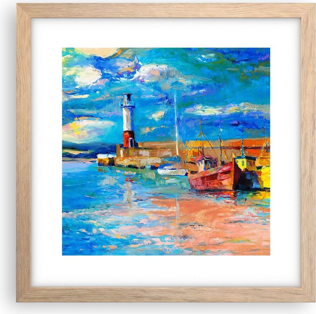 Gerahmtes Poster - Rahmen in heller Eiche - Leuchtturm Meer - 30x30 cm - Wand Bild - Wanddeko - Wandbilder - Kunstposter - Wandposter - Bilderrahme...
