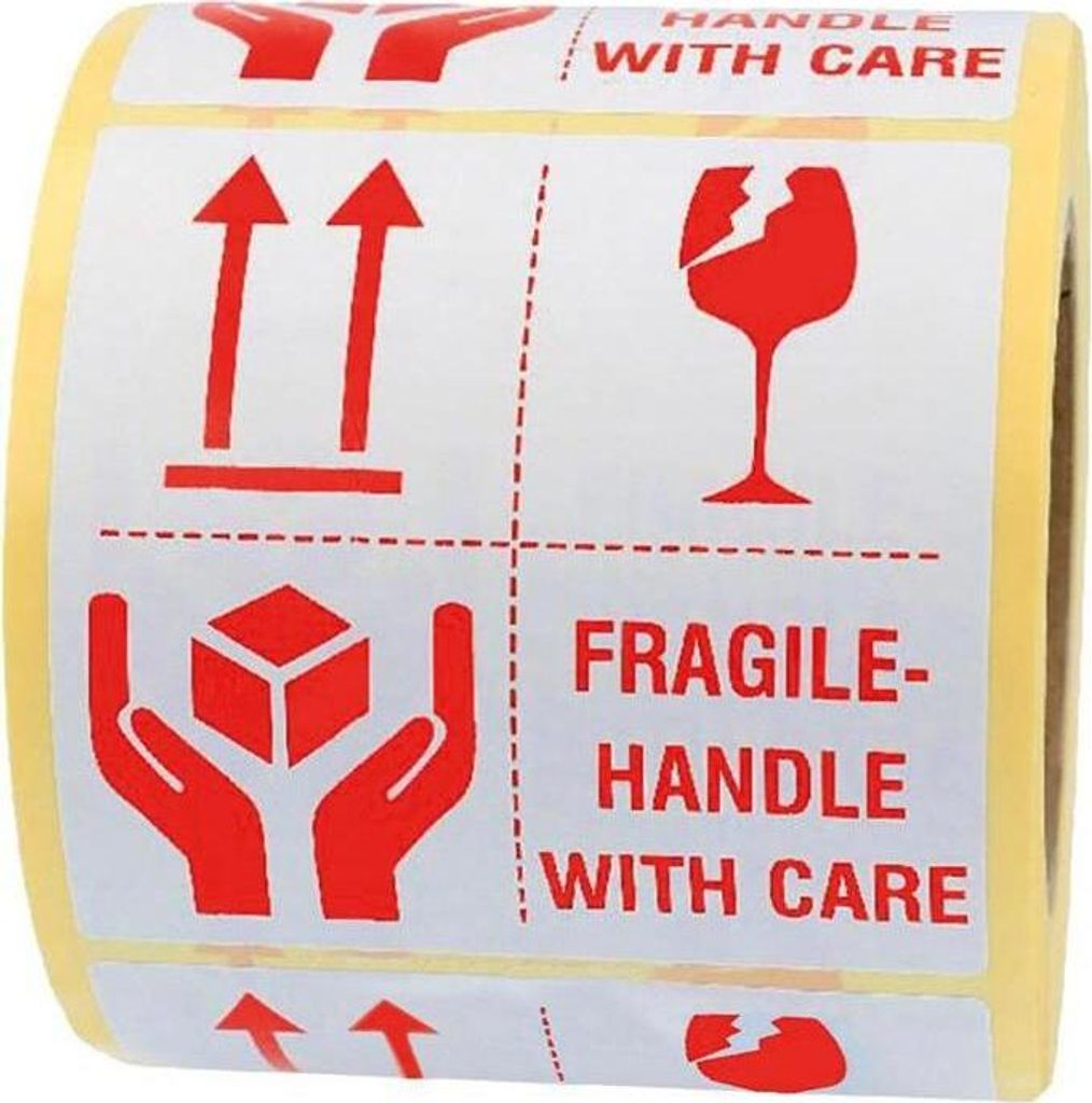 Warnetiketten Fragile - handle with care Maße 100x100mm weiß Rollenkern 76mm